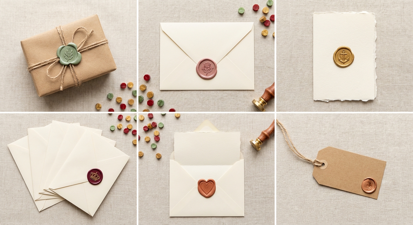Wax seals on wrapped gifts, birthday cards, thank-you notes, holiday packages, letters, and envelopes